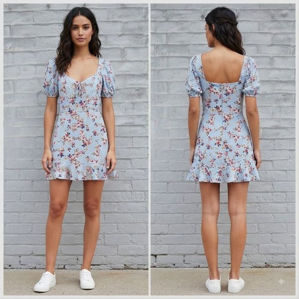 City Triangles Cottagecore Floral Mini Dress Light Blue Puff Sleeve Medium